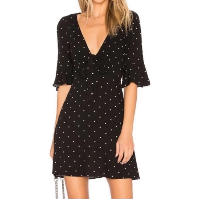 Free People Black & White Polka Dot Short Sleeve Low V-Neck Dress 8